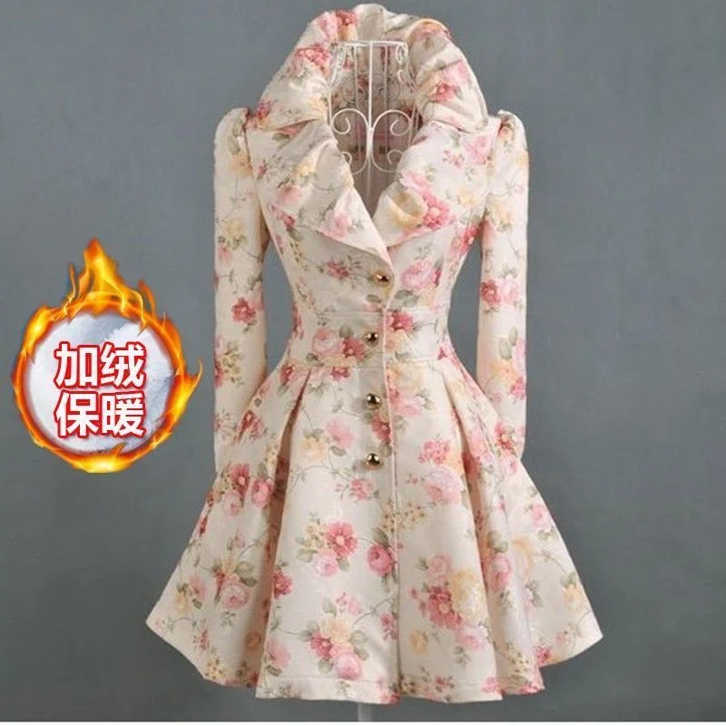 Women Windbreaker Mid Length Autumn New 2023 Trendy Westernized Large Lapel Print With Waistband Skirt Hem For Women's Outerwear