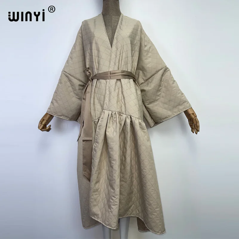 WINYI high qualityWinter Women's Long Coat Cotton Padded Jacket Casual Loose Street Style Belt Jacket Oversize dress KIMONO