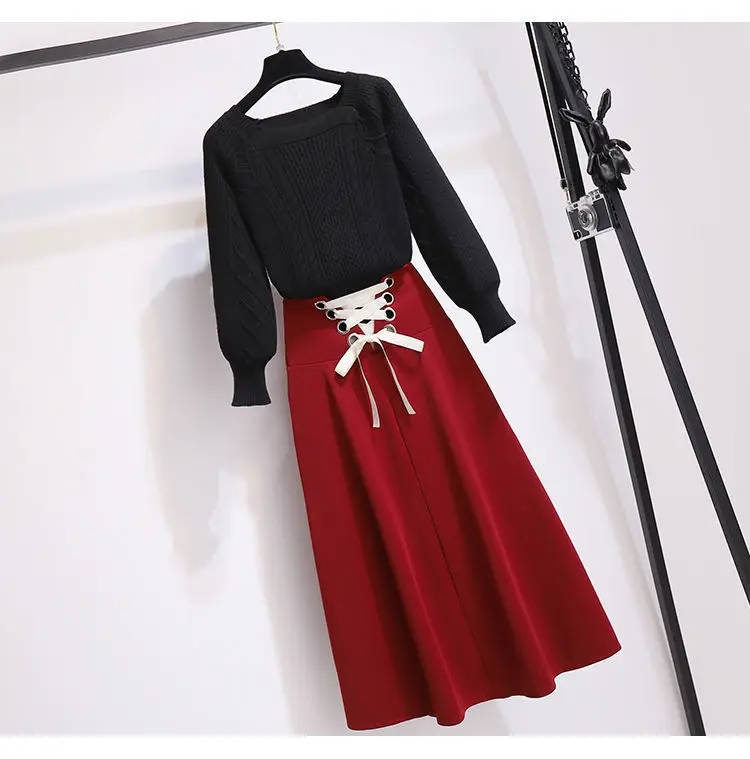 2025 New Korean Women's Graceful Vintage Clothing Lady Square Collar Sweater Red Skirts Outfits French Long Sleeve Knit Pullover