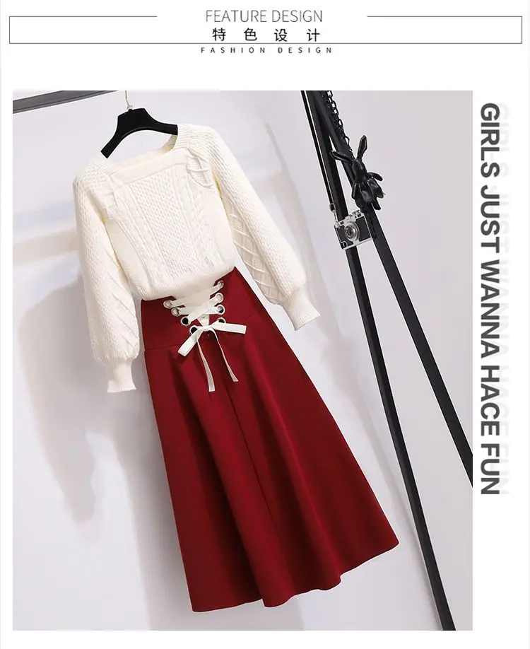 2025 New Korean Women's Graceful Vintage Clothing Lady Square Collar Sweater Red Skirts Outfits French Long Sleeve Knit Pullover