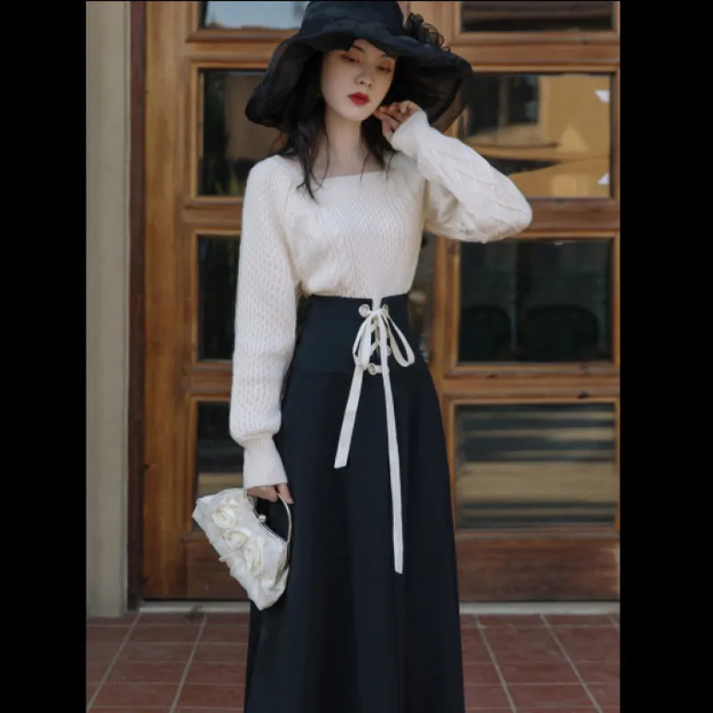 2025 New Korean Women's Graceful Vintage Clothing Lady Square Collar Sweater Red Skirts Outfits French Long Sleeve Knit Pullover
