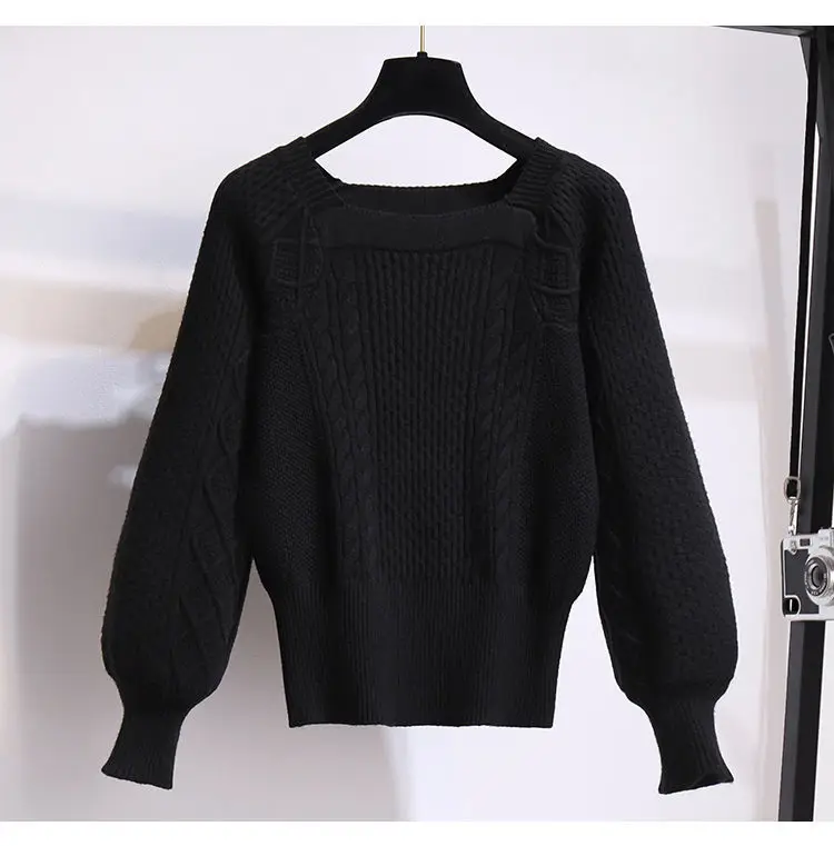 2025 New Korean Women's Graceful Vintage Clothing Lady Square Collar Sweater Red Skirts Outfits French Long Sleeve Knit Pullover
