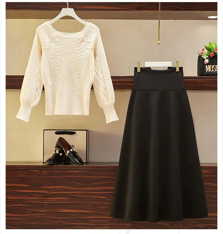 2025 New Korean Women's Graceful Vintage Clothing Lady Square Collar Sweater Red Skirts Outfits French Long Sleeve Knit Pullover