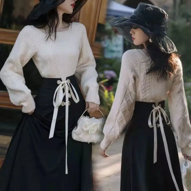 2025 New Korean Women's Graceful Vintage Clothing Lady Square Collar Sweater Red Skirts Outfits French Long Sleeve Knit Pullover