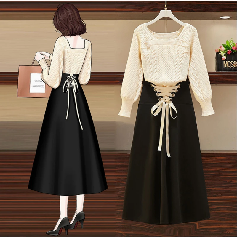 2025 New Korean Women's Graceful Vintage Clothing Lady Square Collar Sweater Red Skirts Outfits French Long Sleeve Knit Pullover