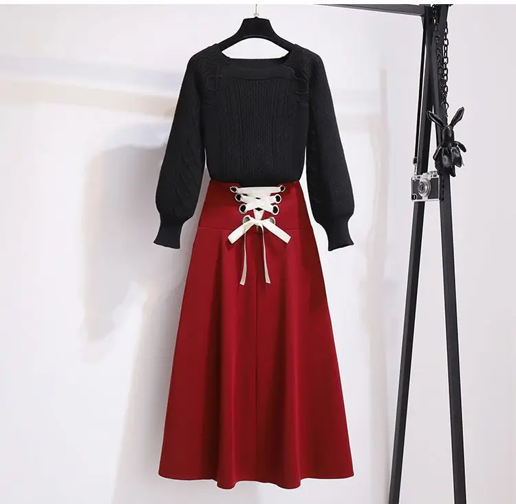 2025 New Korean Women's Graceful Vintage Clothing Lady Square Collar Sweater Red Skirts Outfits French Long Sleeve Knit Pullover