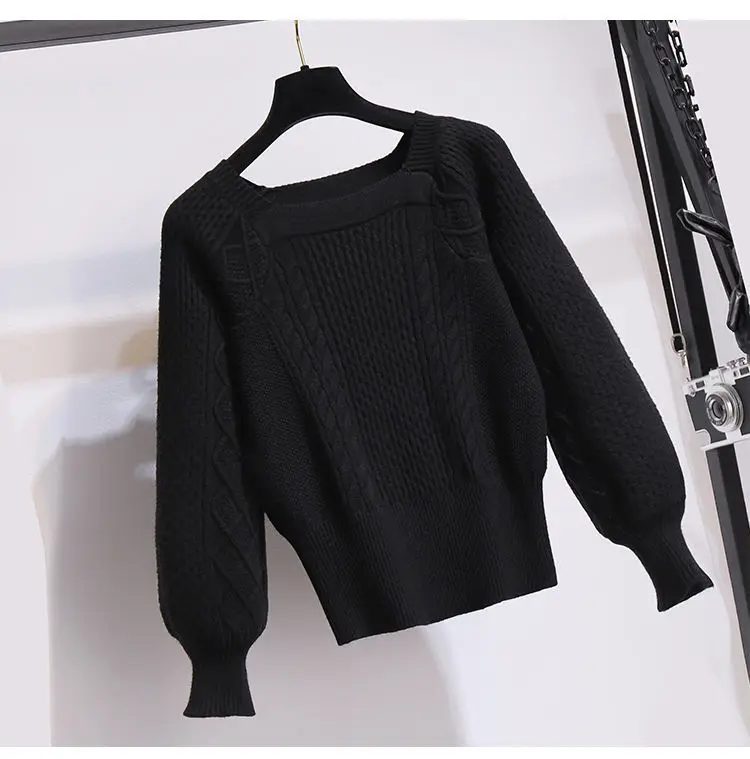 2025 New Korean Women's Graceful Vintage Clothing Lady Square Collar Sweater Red Skirts Outfits French Long Sleeve Knit Pullover