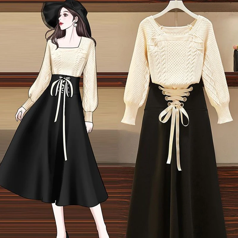 2025 New Korean Women's Graceful Vintage Clothing Lady Square Collar Sweater Red Skirts Outfits French Long Sleeve Knit Pullover