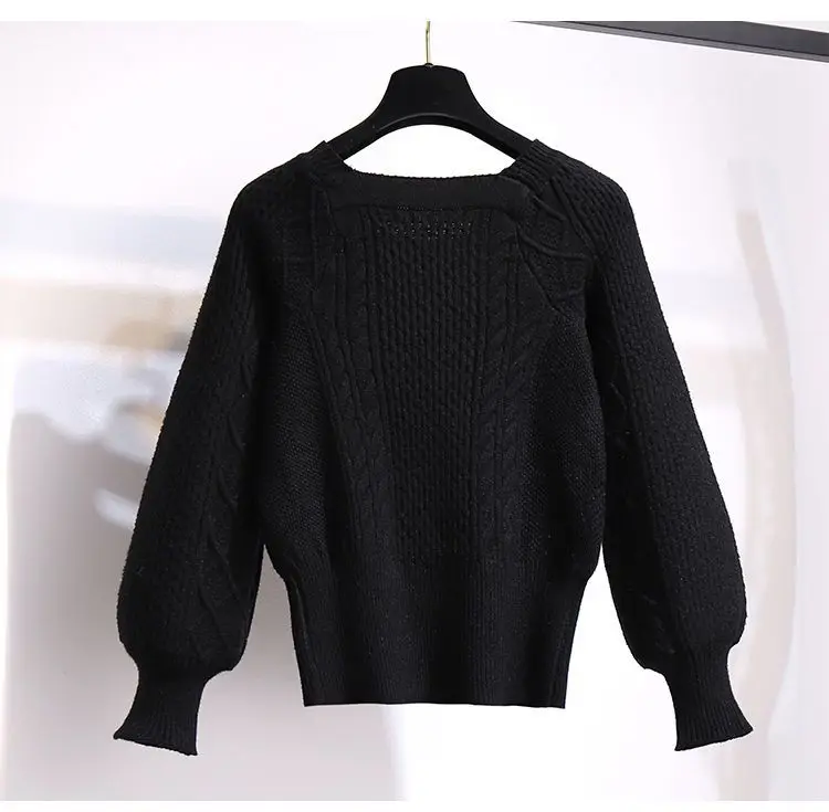 2025 New Korean Women's Graceful Vintage Clothing Lady Square Collar Sweater Red Skirts Outfits French Long Sleeve Knit Pullover