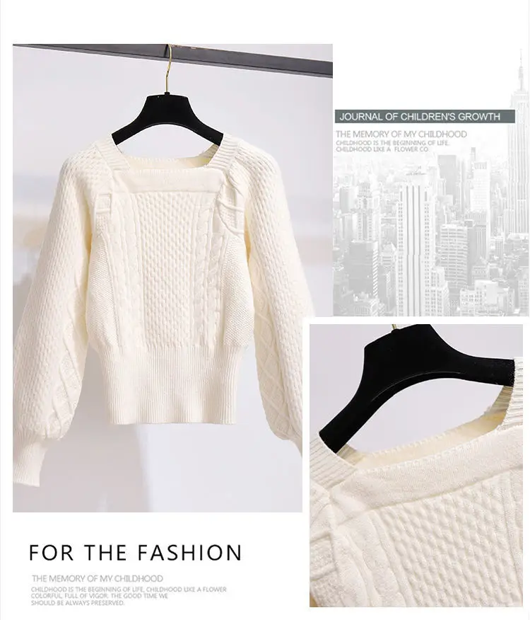 2025 New Korean Women's Graceful Vintage Clothing Lady Square Collar Sweater Red Skirts Outfits French Long Sleeve Knit Pullover