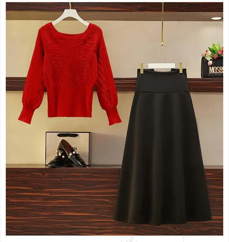 2025 New Korean Women's Graceful Vintage Clothing Lady Square Collar Sweater Red Skirts Outfits French Long Sleeve Knit Pullover