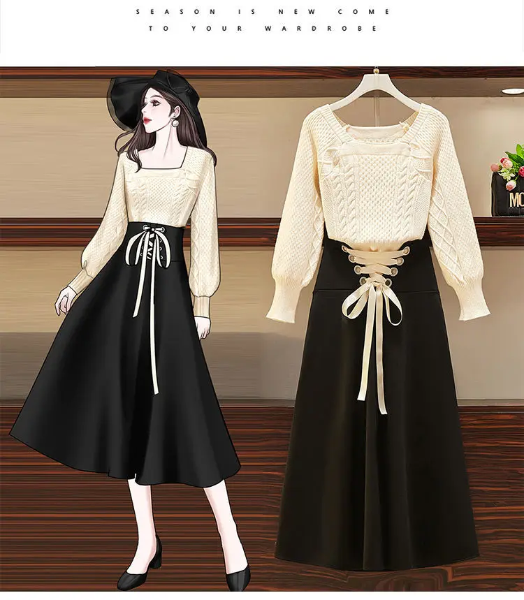 2025 New Korean Women's Graceful Vintage Clothing Lady Square Collar Sweater Red Skirts Outfits French Long Sleeve Knit Pullover