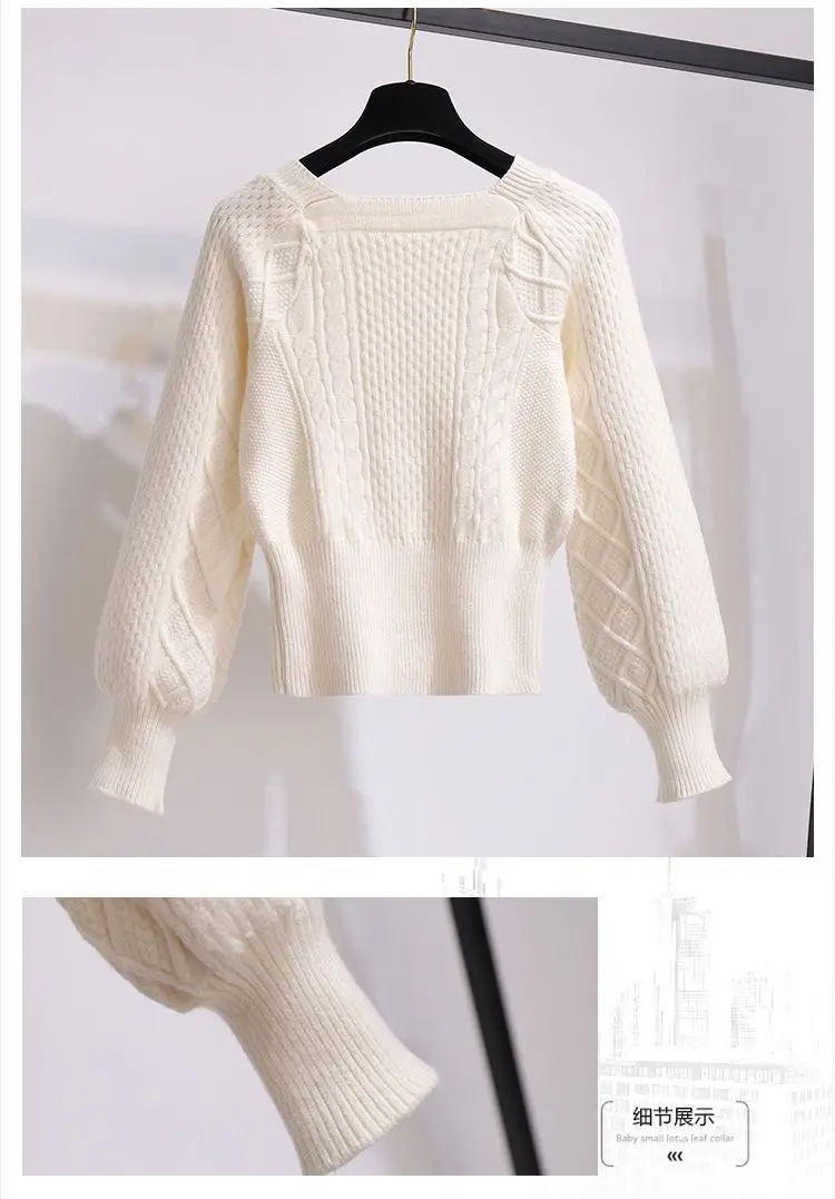 2025 New Korean Women's Graceful Vintage Clothing Lady Square Collar Sweater Red Skirts Outfits French Long Sleeve Knit Pullover