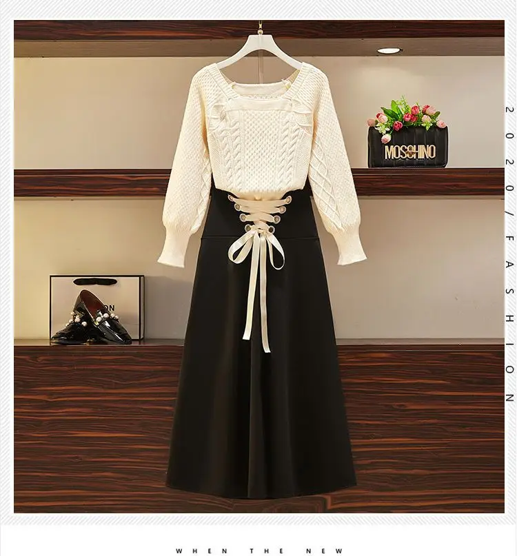 2025 New Korean Women's Graceful Vintage Clothing Lady Square Collar Sweater Red Skirts Outfits French Long Sleeve Knit Pullover