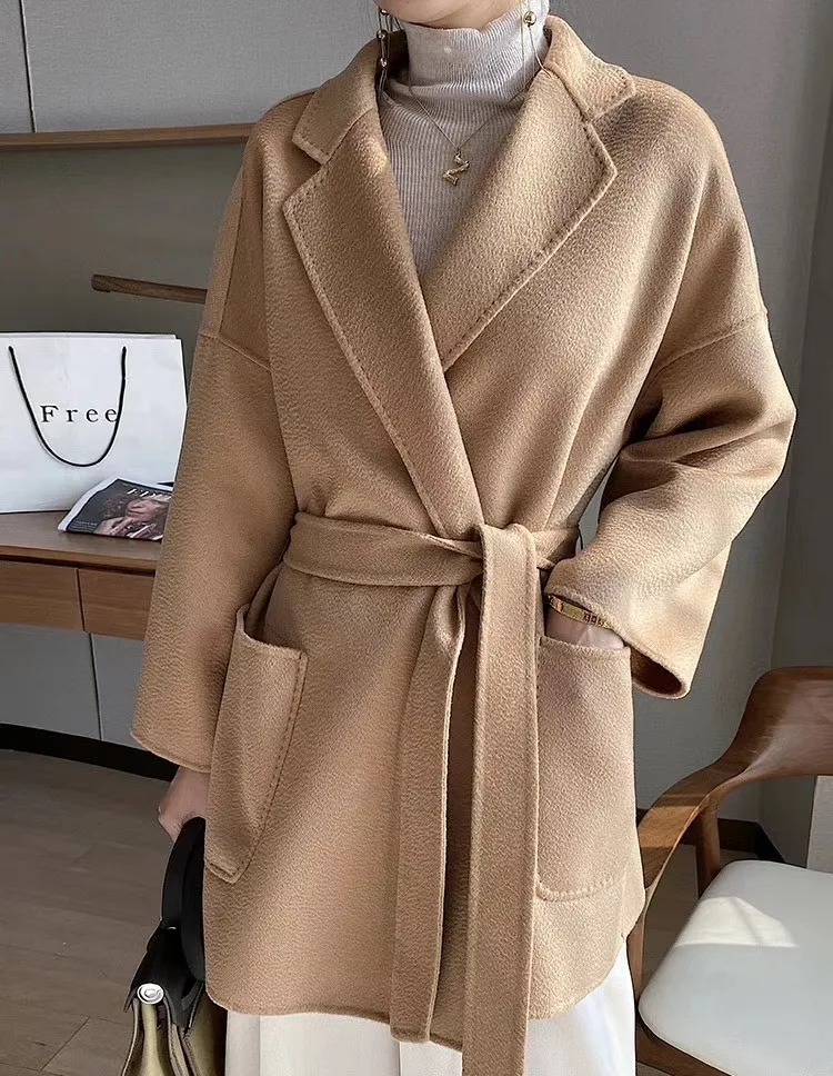 RosEvans Winter Cashmere Coat Women Mid-length Wool Coat Jackets Water Ripples New Autumn 20% Cashmere Camel Coat Commuting