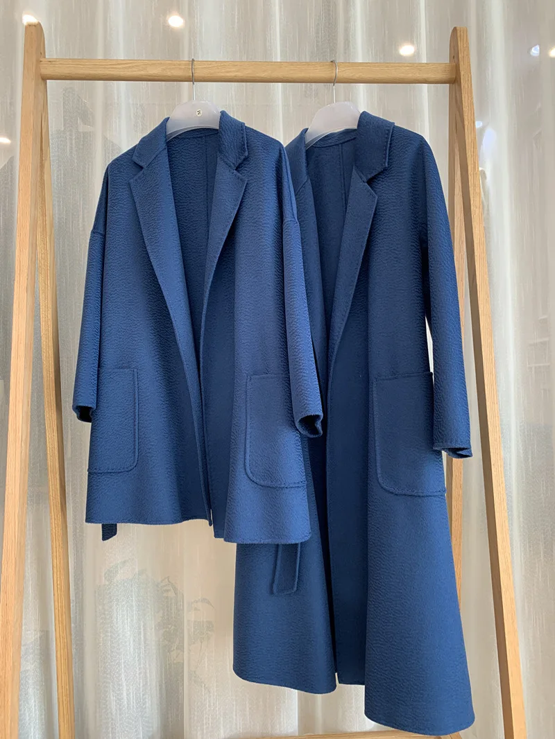 RosEvans Winter Cashmere Coat Women Mid-length Wool Coat Jackets Water Ripples New Autumn 20% Cashmere Camel Coat Commuting