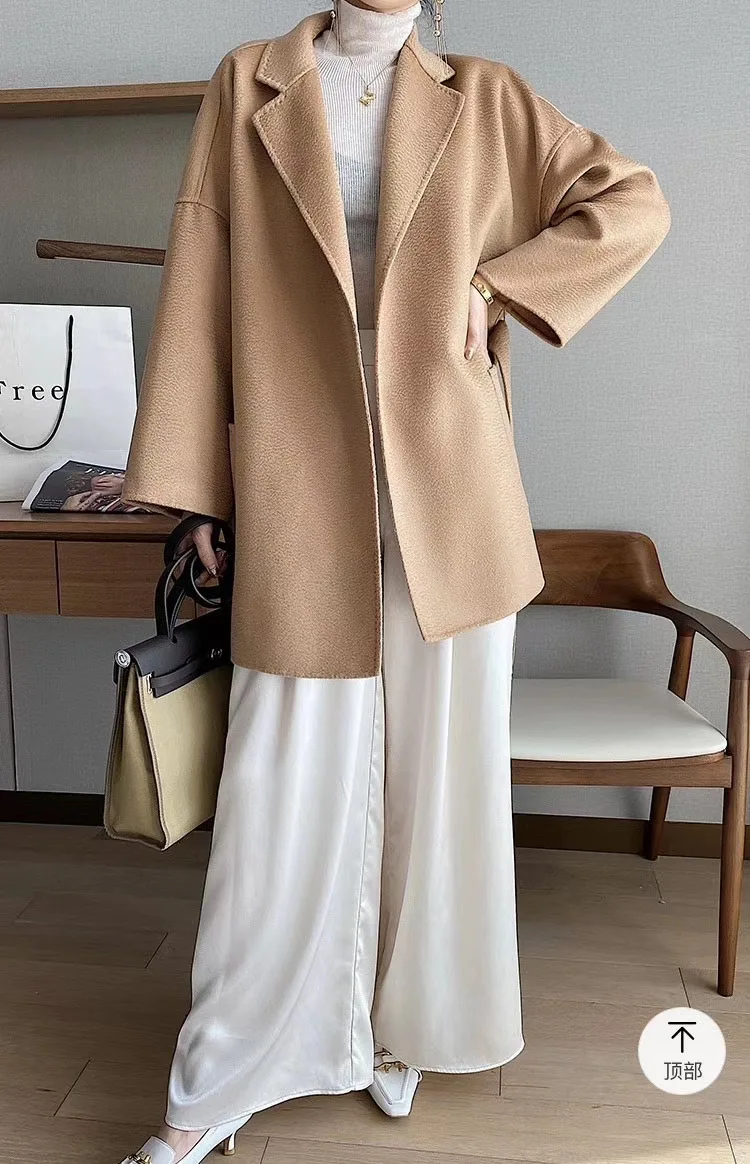 RosEvans Winter Cashmere Coat Women Mid-length Wool Coat Jackets Water Ripples New Autumn 20% Cashmere Camel Coat Commuting