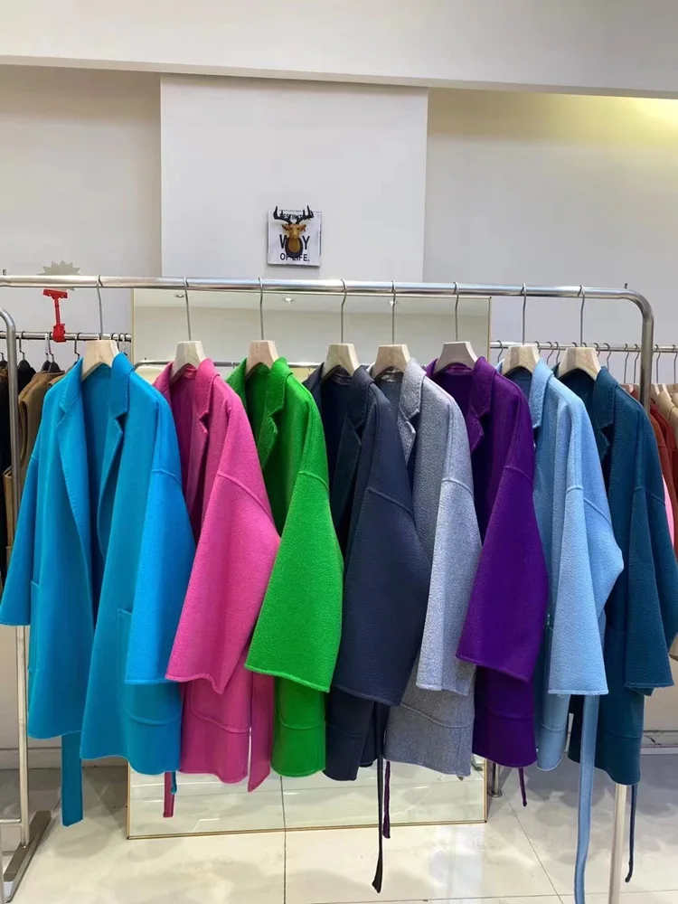 RosEvans Winter Cashmere Coat Women Mid-length Wool Coat Jackets Water Ripples New Autumn 20% Cashmere Camel Coat Commuting