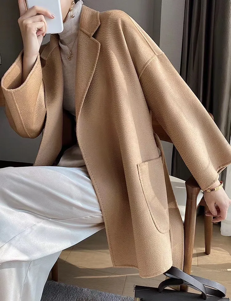 RosEvans Winter Cashmere Coat Women Mid-length Wool Coat Jackets Water Ripples New Autumn 20% Cashmere Camel Coat Commuting