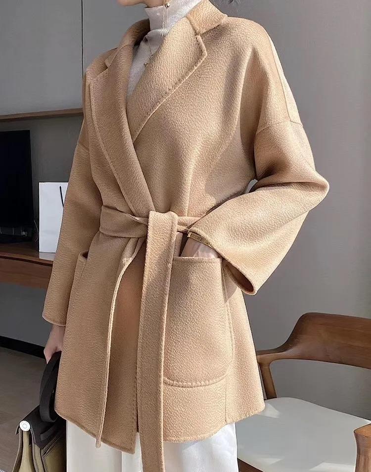 RosEvans Winter Cashmere Coat Women Mid-length Wool Coat Jackets Water Ripples New Autumn 20% Cashmere Camel Coat Commuting