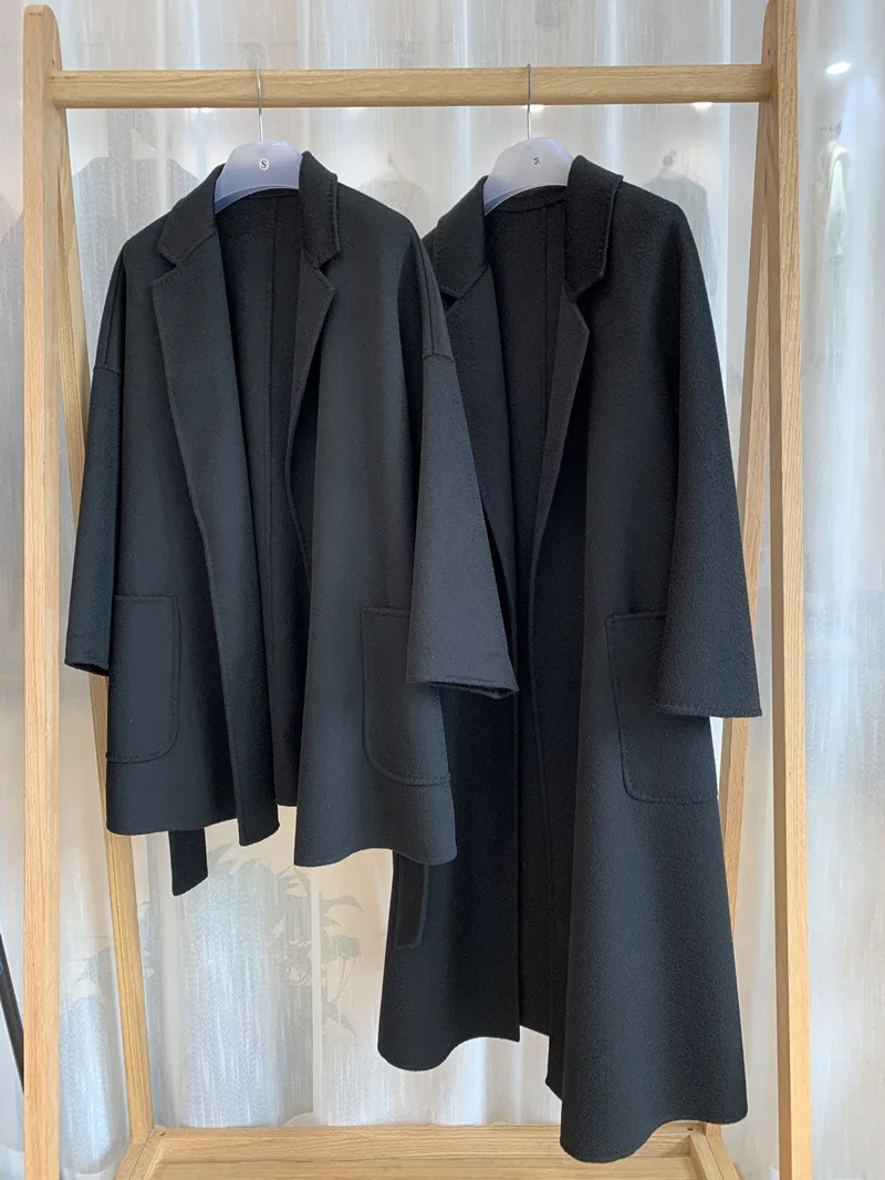 RosEvans Winter Cashmere Coat Women Mid-length Wool Coat Jackets Water Ripples New Autumn 20% Cashmere Camel Coat Commuting