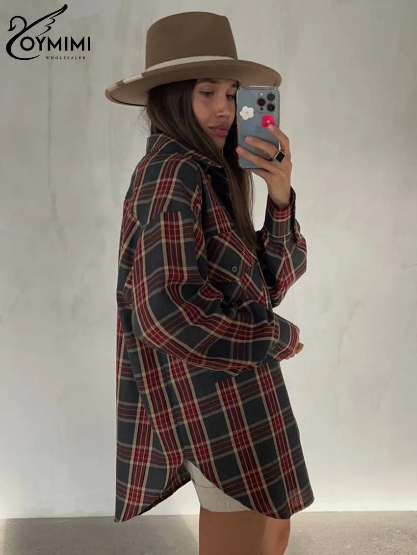 Oymimi Fashion Red Plaid Print Women's Shirt Elegant Long Sleeve Pockets Blouses Casual New Lapel Single Breasted Shirts Female