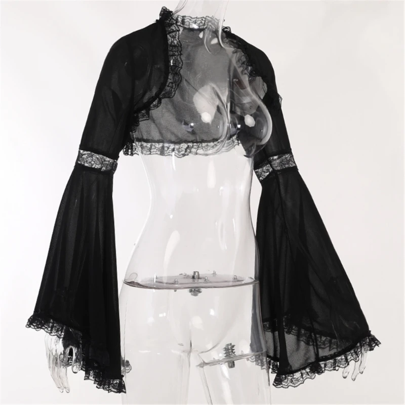 Gothic Lace Long Sleeve Victorian Half Shirt Crop Top Vintage T Shirt for Women