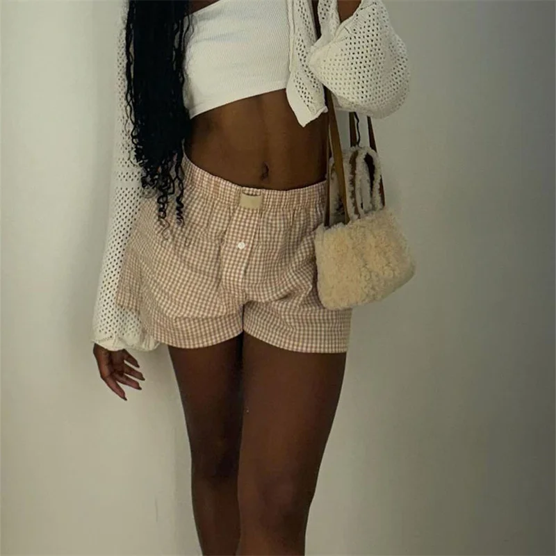 Women's Y2k Pajamas Shorts Cute Plaid Pj Short Pants Flannel Lounge Sleep Shorts Bottoms Elastic Waist Baggy Boxers Tracksuit