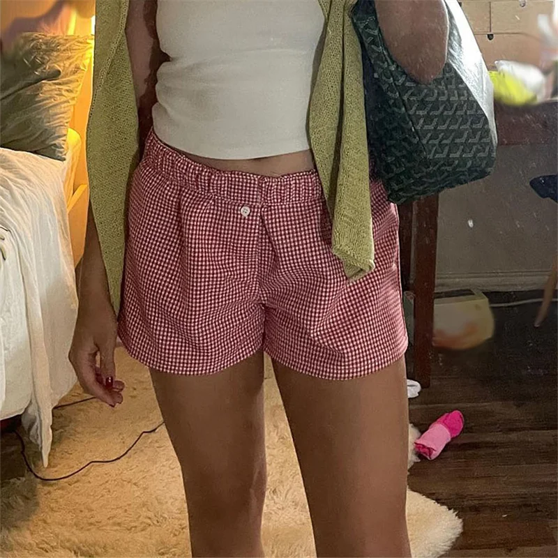 Women's Y2k Pajamas Shorts Cute Plaid Pj Short Pants Flannel Lounge Sleep Shorts Bottoms Elastic Waist Baggy Boxers Tracksuit