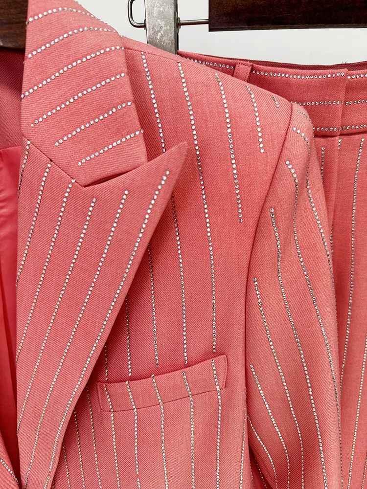 HIGH STREET Newest 2026 Designer Suit Set Women's Single Button Striped Diamonds Blazer Pants Suit 2PCS