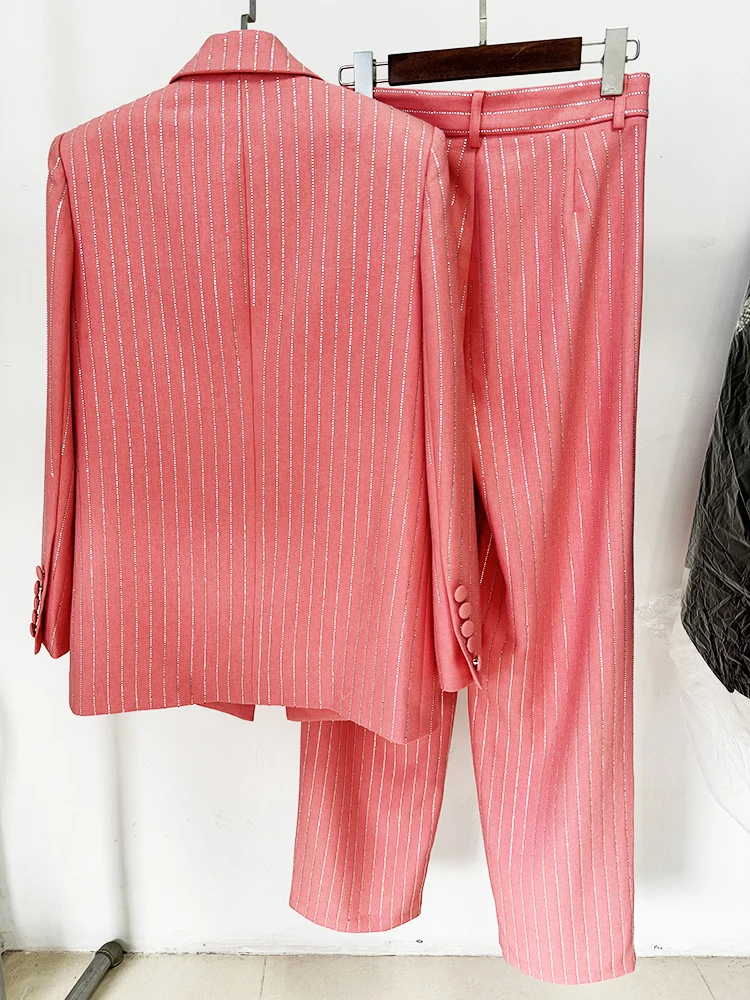 HIGH STREET Newest 2026 Designer Suit Set Women's Single Button Striped Diamonds Blazer Pants Suit 2PCS
