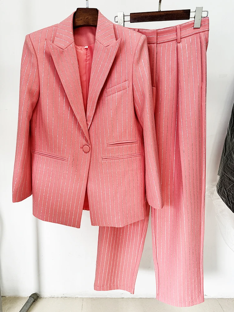HIGH STREET Newest 2026 Designer Suit Set Women's Single Button Striped Diamonds Blazer Pants Suit 2PCS