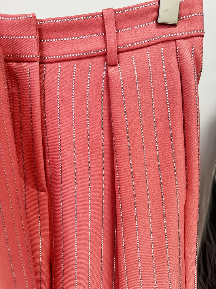 HIGH STREET Newest 2026 Designer Suit Set Women's Single Button Striped Diamonds Blazer Pants Suit 2PCS