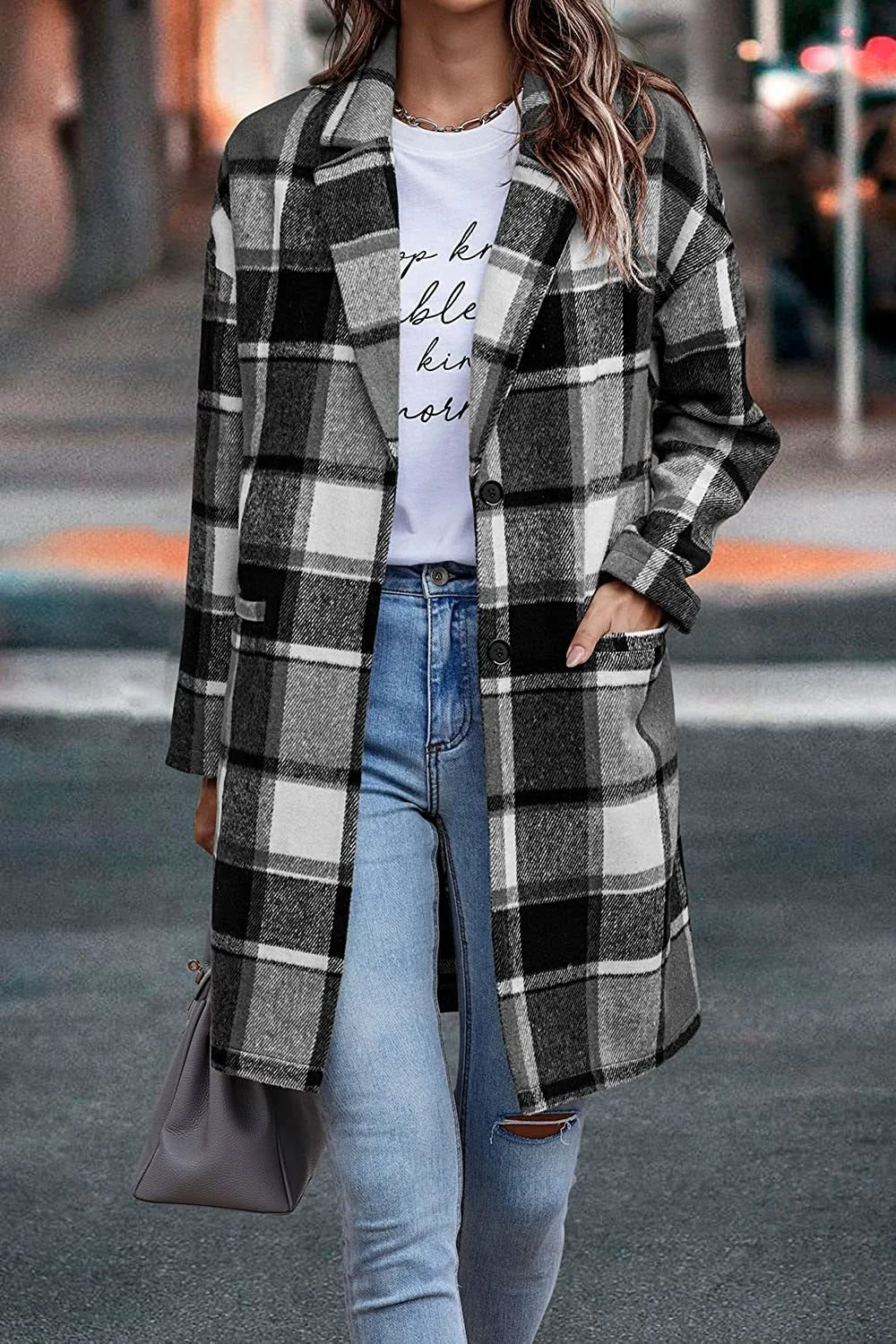 Autumn Winter Women's Lapel Pocket Plaid Wool Jacket Coat