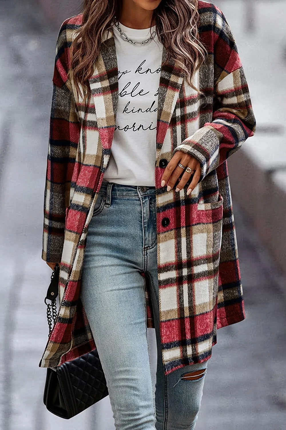 Autumn Winter Women's Lapel Pocket Plaid Wool Jacket Coat