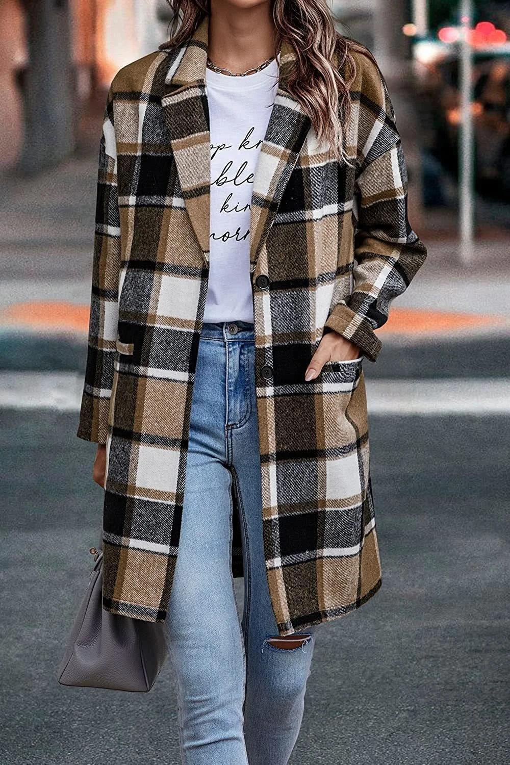 Autumn Winter Women's Lapel Pocket Plaid Wool Jacket Coat