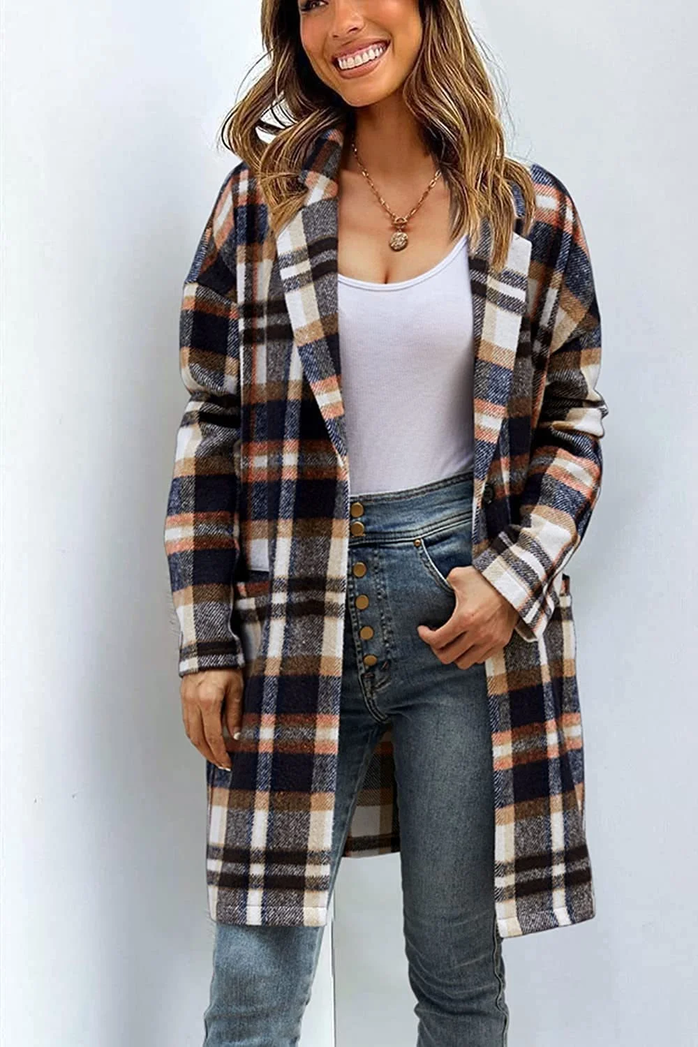 Autumn Winter Women's Lapel Pocket Plaid Wool Jacket Coat