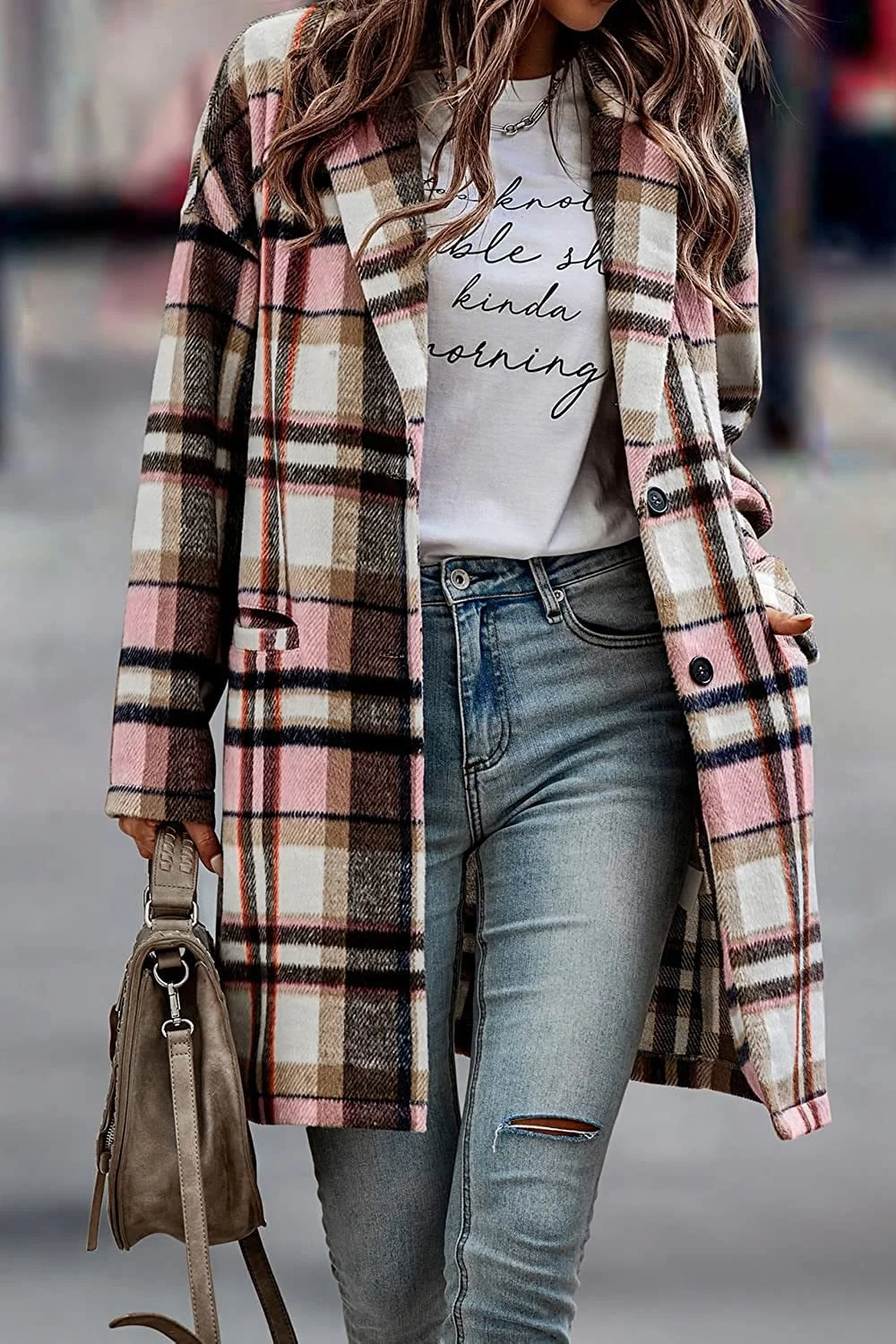 Autumn Winter Women's Lapel Pocket Plaid Wool Jacket Coat