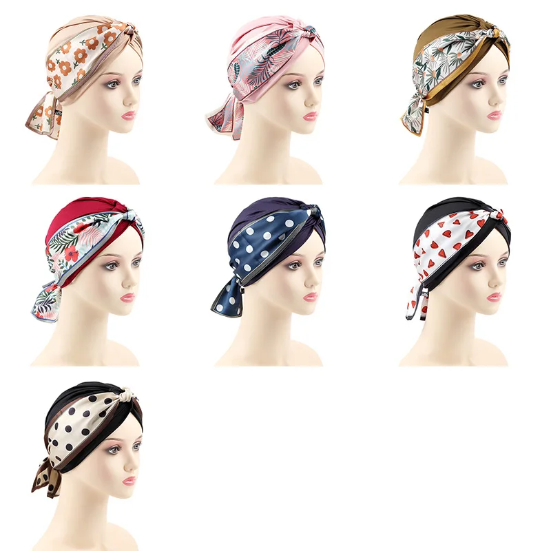 2023 New Removable Ribbon Turban Caps for Women Stretchy Headband Headscarf Bonnet Female Head Wraps Caps Hair Accessories