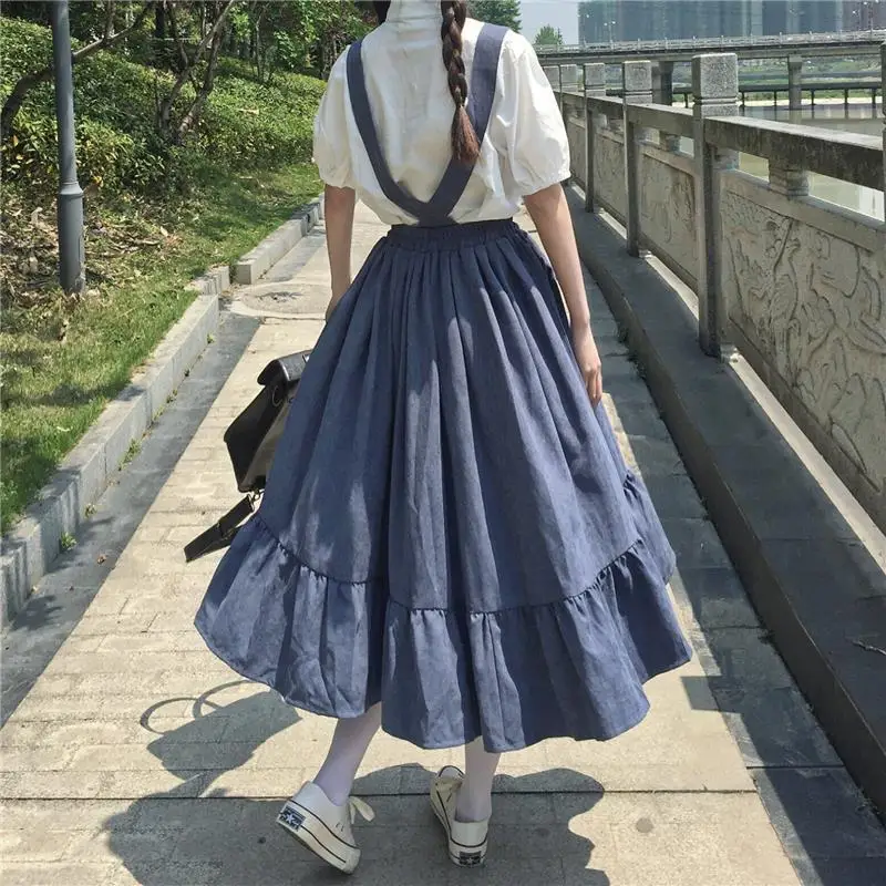 New Sweet Women Skirt Preppy Style Strap Long Skirt Ruffles Loose Cute Student Casual Skirt Female Skirts 2026 HOT