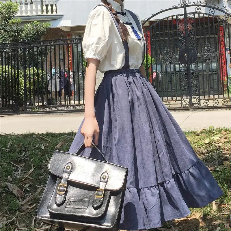 New Sweet Women Skirt Preppy Style Strap Long Skirt Ruffles Loose Cute Student Casual Skirt Female Skirts 2026 HOT