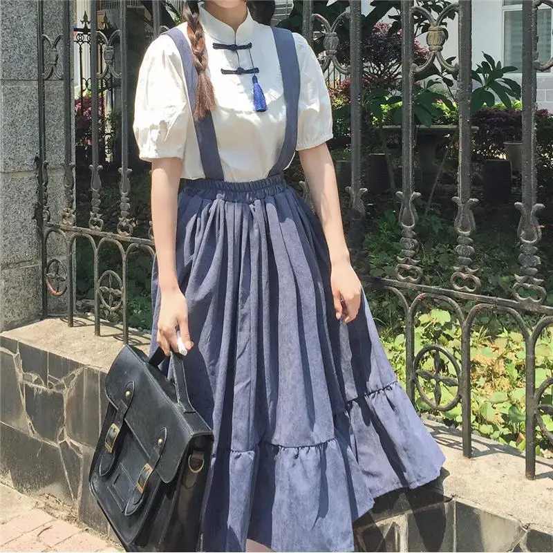 New Sweet Women Skirt Preppy Style Strap Long Skirt Ruffles Loose Cute Student Casual Skirt Female Skirts 2026 HOT