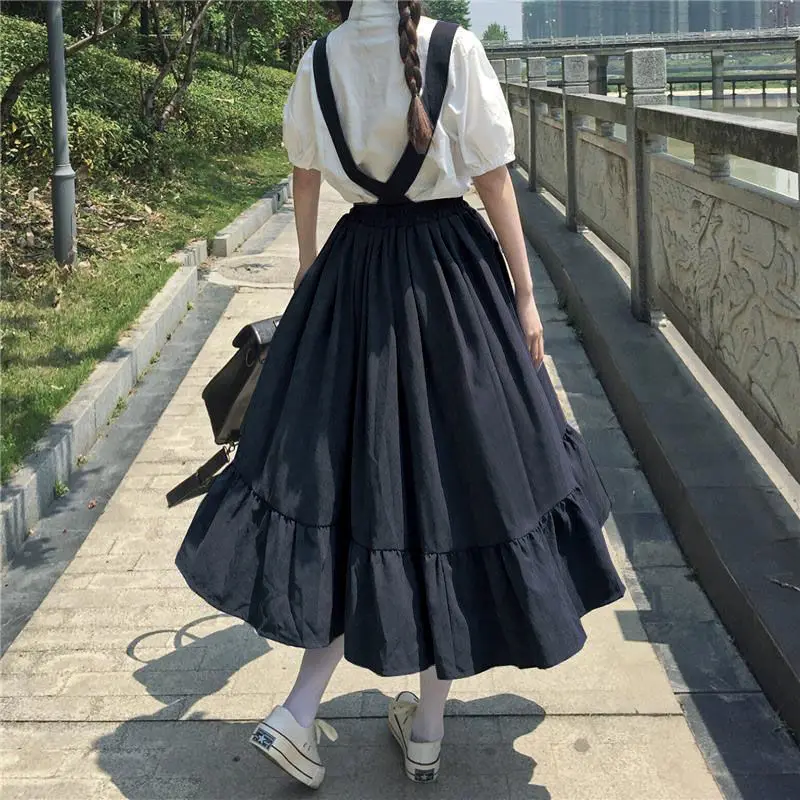 New Sweet Women Skirt Preppy Style Strap Long Skirt Ruffles Loose Cute Student Casual Skirt Female Skirts 2026 HOT