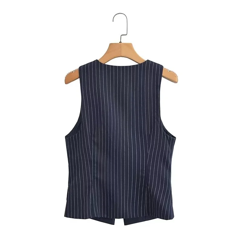 KEYANKETIAN Summer New Hidden Buckle Navy Blue Striped Vest British Style Women's V-Neck Slim Short Cardigan Sleeveless Top