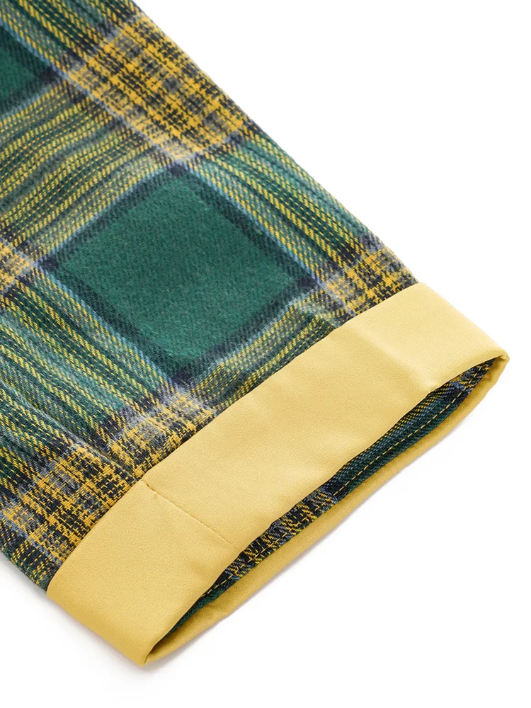 Tonval Bow Neck Green Plaid 50s Vintage 3/4 Length Sleeve Midi Dresses for Women Autumn Winter Pocket Side Retro Dress
