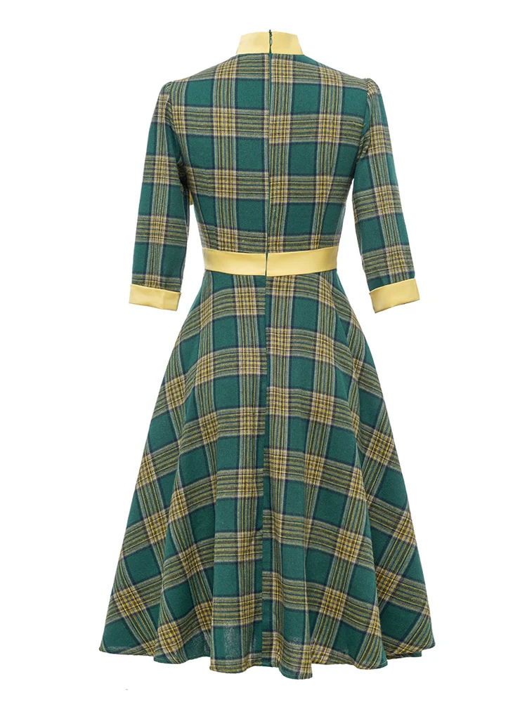 Tonval Bow Neck Green Plaid 50s Vintage 3/4 Length Sleeve Midi Dresses for Women Autumn Winter Pocket Side Retro Dress