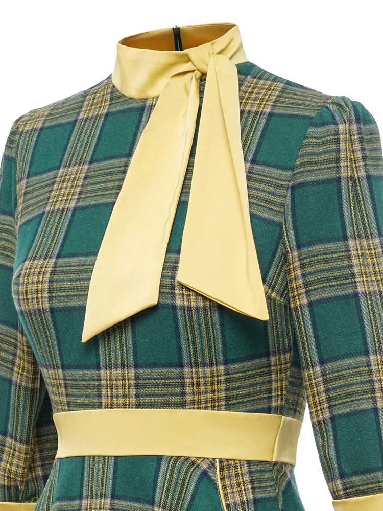 Tonval Bow Neck Green Plaid 50s Vintage 3/4 Length Sleeve Midi Dresses for Women Autumn Winter Pocket Side Retro Dress