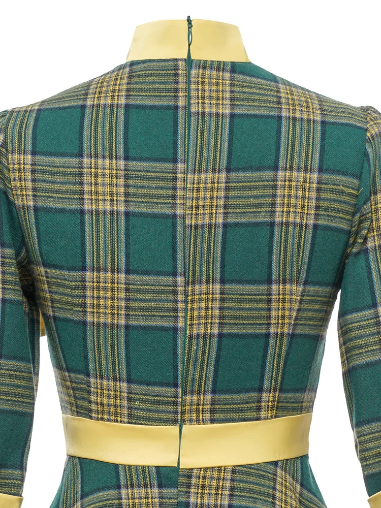 Tonval Bow Neck Green Plaid 50s Vintage 3/4 Length Sleeve Midi Dresses for Women Autumn Winter Pocket Side Retro Dress