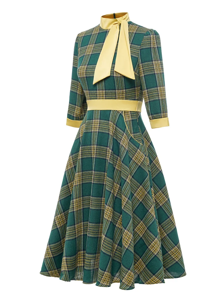 Tonval Bow Neck Green Plaid 50s Vintage 3/4 Length Sleeve Midi Dresses for Women Autumn Winter Pocket Side Retro Dress