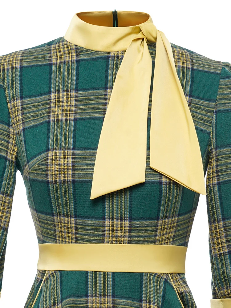Tonval Bow Neck Green Plaid 50s Vintage 3/4 Length Sleeve Midi Dresses for Women Autumn Winter Pocket Side Retro Dress